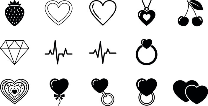 Vector set of black and white love icons including hearts, diamond, rings, heartbeat line and fruits for Valentine's day projects.