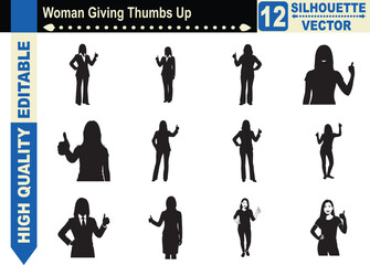 Silhouette set of a woman giving a thumbs up, symbolizing success, positive feedback, professional approval, and customer satisfaction in business.
