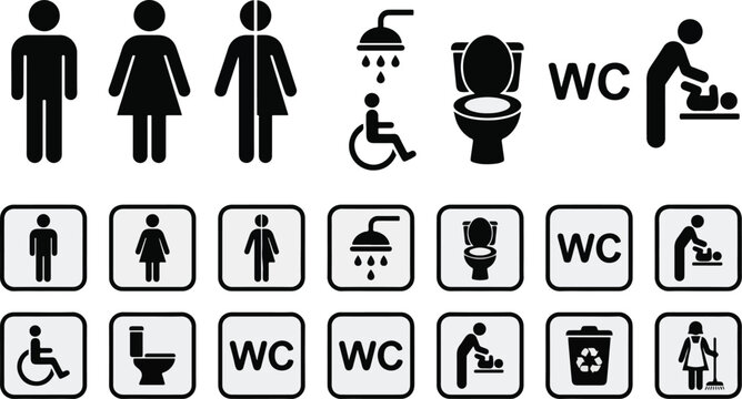 WC icon set. Toilet, restroom, man and woman, bathroom, disabled, dumpster, toilet paper, infant - stock vector.