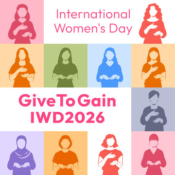 Give to Gain campaign pose. International Women's Day 2026. Diverse women demonstrate open palms giving gesture, with hand on their hearts to show generosity, collaboration and support for all women