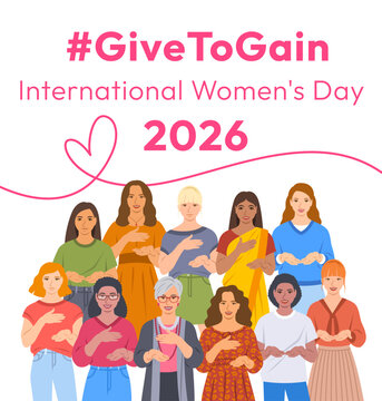 Give to Gain campaign pose. International Women's Day 2026. Diverse women demonstrate open palms giving gesture, with hand on their hearts to show generosity, collaboration and support for all women