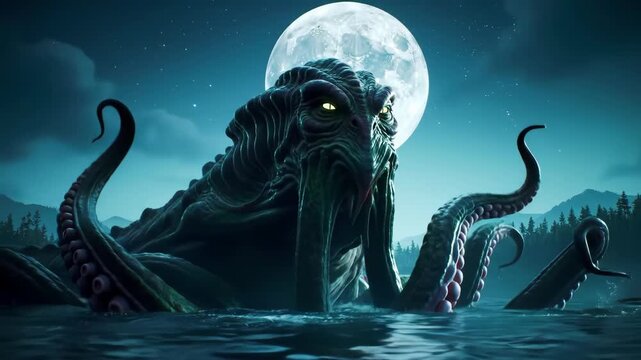 Colossal tentacled entity emerging from dark water under full moon
