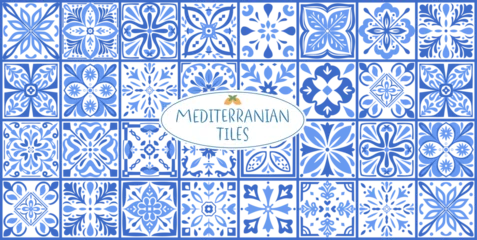 Fototapete Portugal Keramikfliesen Mediterranean Blue Ceramic Tile Patterns: Portugal Azulejo, Italian Amalfi, and Greek Mosaic Vector Backgrounds  © Natalia Korshunova