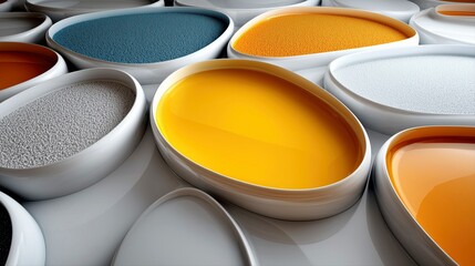 Abstract arrangement of oval containers filled with colorful powders and liquids.

