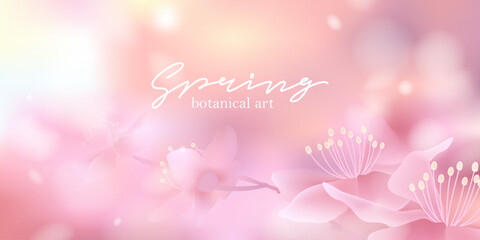 Spring blurred landscape with cherry blossoms, flying petals. Sunny sky, white clouds. Unfocused, bokeh nature background. Macro cherry tree flowers. Warm sunlight. © olechkaart