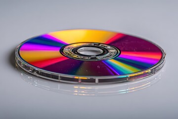 Compact Disc on a White Surface Reflecting Vibrant Rainbow Colors Optical Storage Media for Music and Data with a Seamless Shiny Surface Minimalist Arrangement