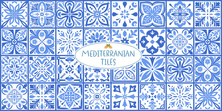 Mediterranean Blue Ceramic Tile Patterns: Portugal Azulejo, Italian Amalfi, and Greek Mosaic Vector Backgrounds