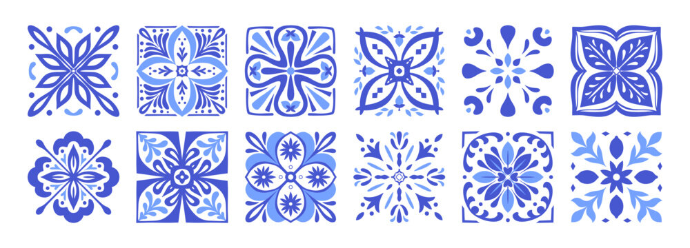 Mediterranean Blue Ceramic Tile Patterns: Portugal Azulejo, Italian Amalfi, and Greek Mosaic Vector Backgrounds