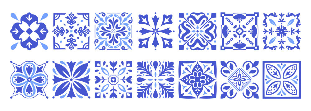 Mediterranean Blue Ceramic Tile Patterns: Portugal Azulejo, Italian Amalfi, and Greek Mosaic Vector Backgrounds