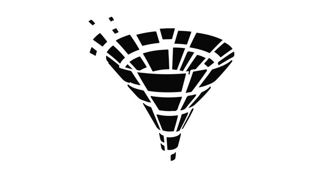 Black and white funnel icon with scattered squares on plain background, symbolizing marketing conversion and data analysis