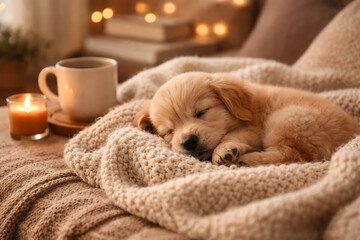 Cute puppy sleeping on knitted blanket in cozy home