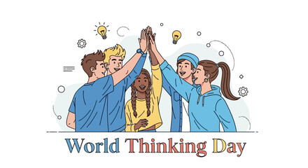 Illustration of diverse group of people high-fiving on World Thinking Day with icons and lightbulbs, promoting global action and sisterhood in a colorful graphic design.
