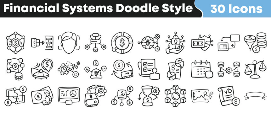 Collection of thirty hand drawn doodle style icons representing various concepts within modern financial systems and monetary organization structures