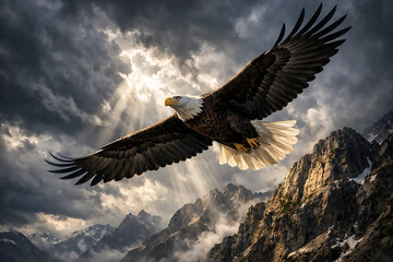 Eagle flying above mountain cliffs under dramatic sunlight