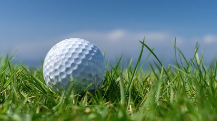 Close Up View of White Golf Ball on Green Grass Against Blue Sky