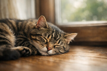 Tabby cat sleeping peacefully near window in cozy home