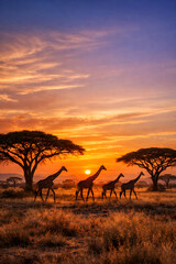 Giraffes walking under acacia trees at African sunset