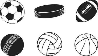 Obraz premium Sport balls collection vector icon set, soccer football basketball volleyball rugby and cricket equipment
