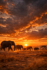 elephants at sunset