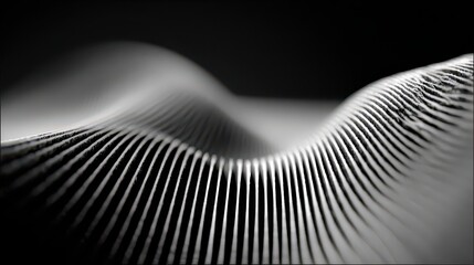 Abstract Monochrome Wavy Lines with Soft Lighting Creates a Rhythmic Pattern on a Dark Background with a Blurred Foreground and Depth of Field