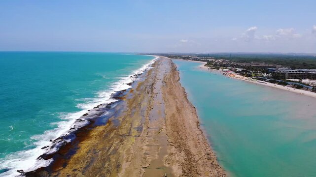 Drone Aerial of Muro Alto Beach Natural Pool Near Porto de Galinhas, Pernambuco Brazil &ndash; People Enjoying Summer