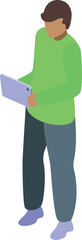 Fototapeta premium Casual young man holding tablet, using modern technology for work, study, or leisure