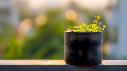 Concrete planter on balcony plant stand with city bokeh and right copy space soft sunrise