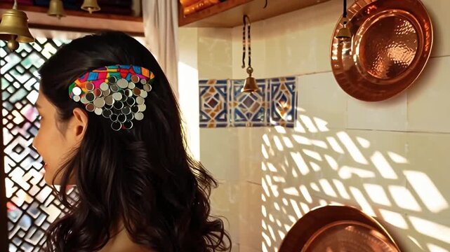 Woman wearing traditional Indian floral hairpiece with mirrors against ceramic tiles and copperware &mdash; vibrant, refined atmosphere of folk art and everyday elegance