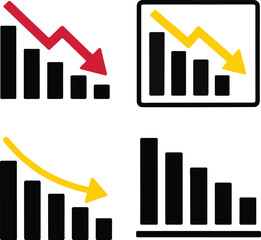 Set of Bar chart with downward arrow icons showing decline and negative trend transparent