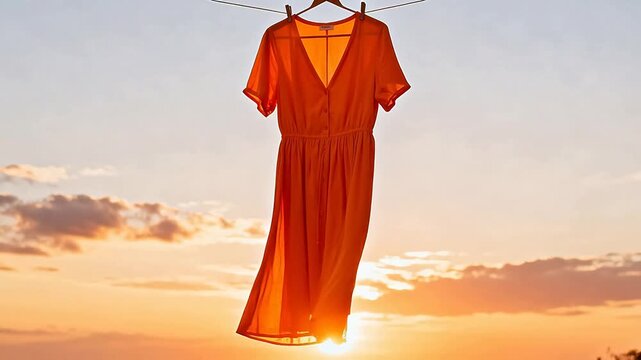 Orange dress hanging against sunset sky