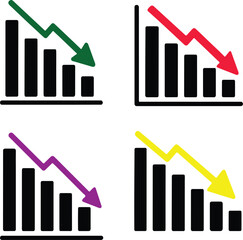 Set of Bar chart with downward arrow icons showing decline and negative trend transparent