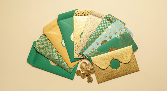Luxurious Collection of Green and Gold Eidi Envelopes and Cash Coins for Ramadan and Eid al-Fitr Celebrations