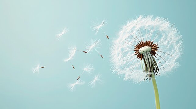 Half-Dispersed Dandelion Seed Head, Seeds Floating Upward in a Spiral Against a Soft Gradient Sky from Pale Blue to Warm Ivory, Dreamy and Symbolic of New Beginnings