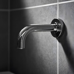 Single chrome spout on bathroom tile corner with left copy space controlled reflections ph