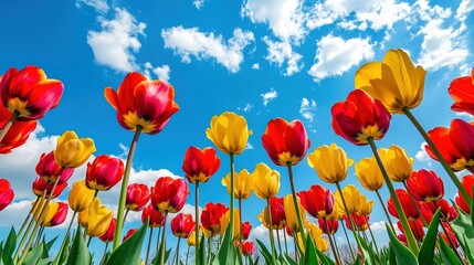 Fototapeta premium Extreme Low Angle View of Red and Yellow Tulips Stretching Toward Blue Sky with Clouds, Dutch Angle Tilt, Ground Level Perspective, Vibrant Spring Floral Background