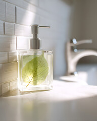 Bathroom vanity spa minimal scene with unlabeled dispenser and right copy space soft studi