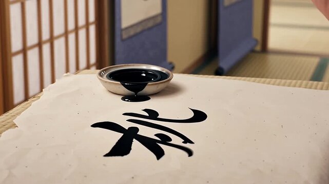 Black kanji character &ldquo;peach&rdquo; on white paper beside inkwell &mdash; serene, meditative atmosphere of Japanese calligraphy and spring symbolism