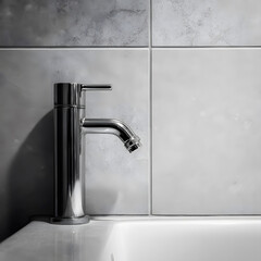 Chrome faucet spout on clean bathroom tile corner with left copy space soft studio photo