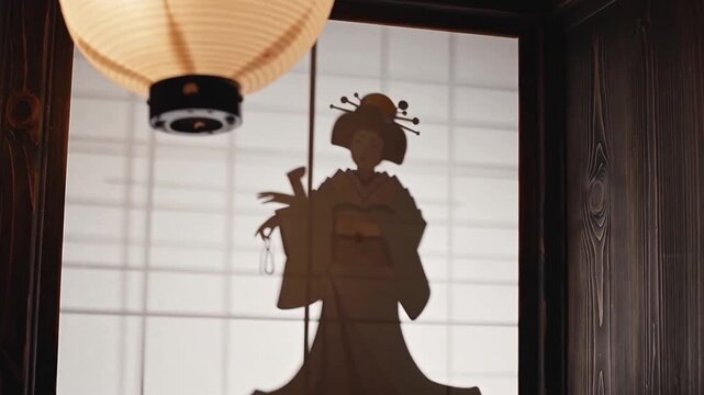 Silhouette of a geisha behind shoji screen in traditional Japanese interior with soft paper lantern light &mdash; elegant and mysterious ambiance