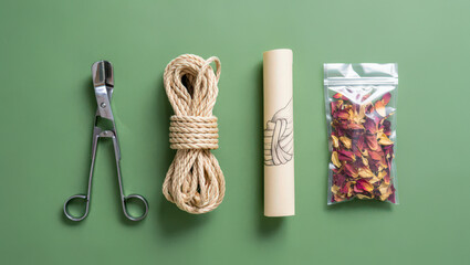 Overhead Flat Lay of Surgical Scissors, Rope, Rolled Paper, and Dried Flowers in Plastic Bag on Green Background for Craft and Medical Concepts