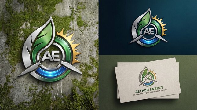 Aether Energy logo design with green leaf and sun elements