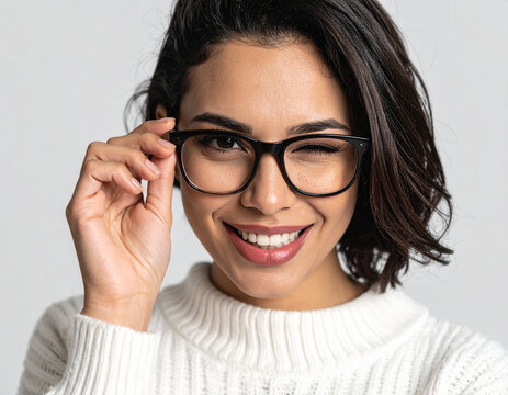 Junge Frau mit Brille zwinkert mit einem Auge