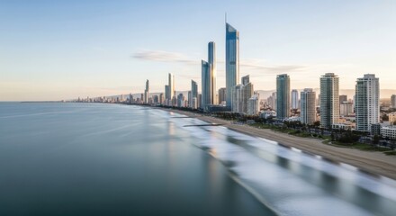 Obraz premium City Skyline at Dusk by the Sea
