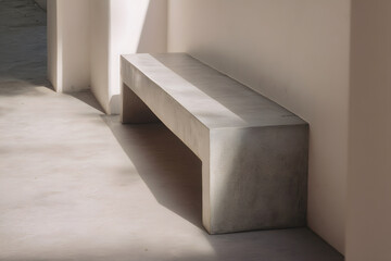 Single concrete bench against exterior wall on veranda with left copy space shade daylight