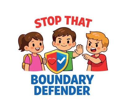 kid with shield and heart standing between friend and pushy peer saying stop that boundary defender . colored flat icon vector illustration