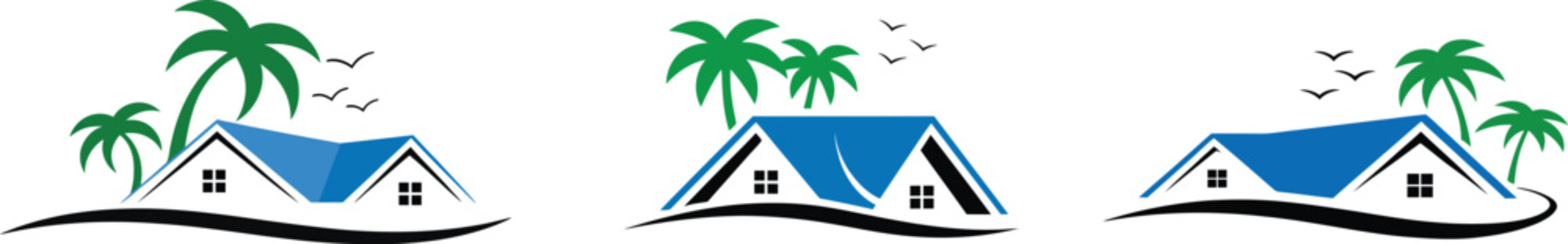 Beach house resort logo set, coastal home with palm trees and birds, summer vacation real estate vector illustration