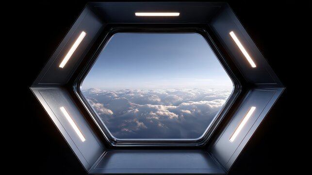 Hexagonal Spacecraft Window View Of Earth From Space With Clouds And Blue Sky