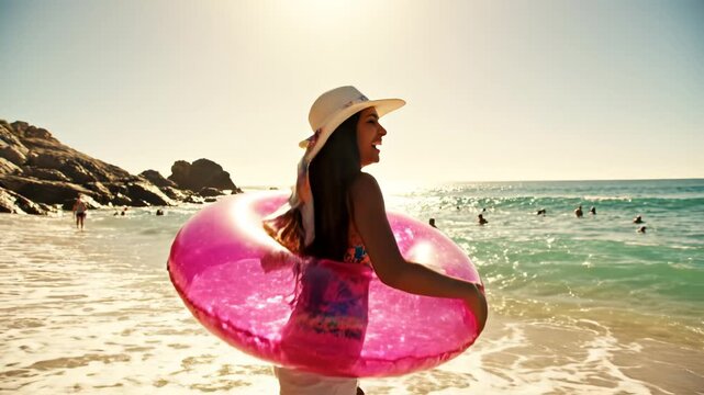 Woman with pink float on beach