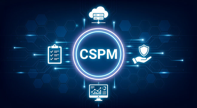 CSPM , cloud security posture management software concept, security compliance technologies designed to ensure protection for complex, modern hybrid computing