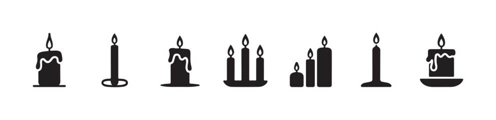 Obraz premium Collection of black silhouettes of burning wax candles and small multi wick candelabra icons